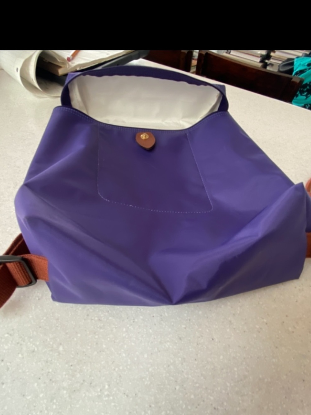 Purple Longchamp Le Pliage Lined Nylon Mini Backpack with Cognac Trim - Picture 7 of 16